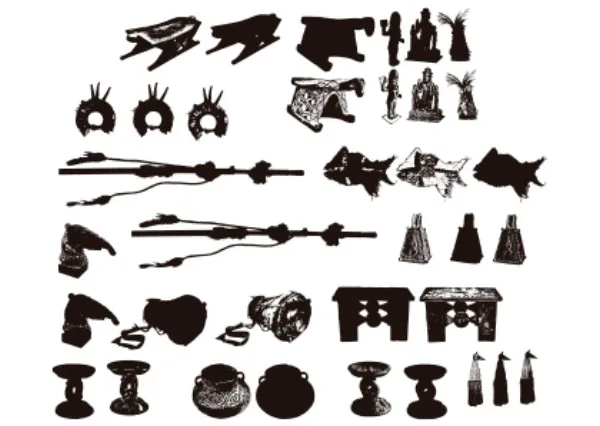 A postcard with white background with seven rows of black silhouettes of what seems to be hand-made objects, figures or tools, cups and instruments like the ones one can find in anthropology museums.
